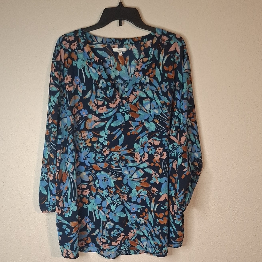 Maurices Navy Floral V-Neck Blouse with Teal and Rust Accents